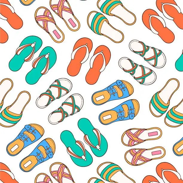 Vector illustration of Seamless pattern with casual summer shoes in cartoon style. Flip-flops, sandals, slippers design for wallpaper, textile. Vector illustration on a white background.
