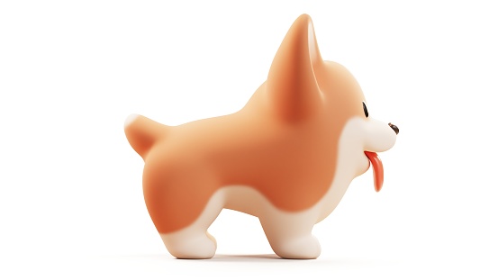 Concept art character of simple fat cute funny kawaii fluffy cartoon orange corgi puppy, standing playful pose. Lovely adorable pet stylized minimal style. Side view. 3d render isolated white backdrop