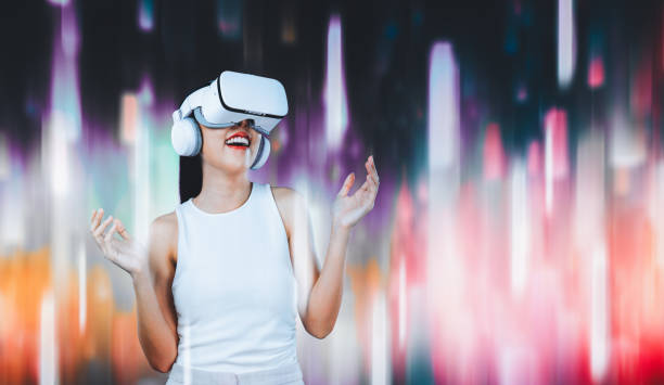 istock Female connecting metaverse look fantasy vector light around her. Hallucination. 2085712928