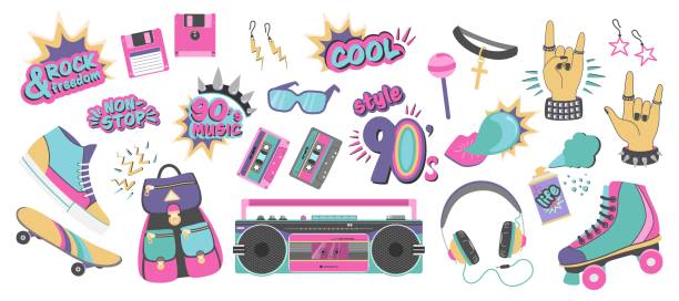 istock 90's mood set illustration in flat design. Pop art stickers 90's flat design. Attributes of pop culture of the 90's. Vector illustration 2085717189