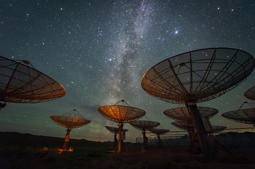 Satellite antenna array under the Milky Way sky