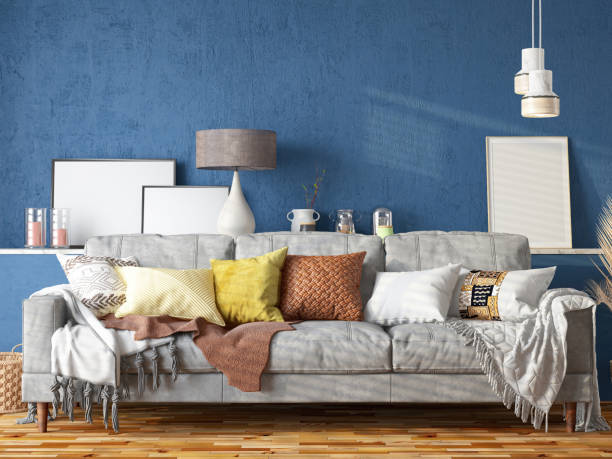 istock Cozy Living Room with a Sofa, Blue Wall and Home Decor 2085724113