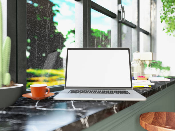 Empty Mockup Laptop Screen in a Cozy Cafe in a Rainy Day. 3D Render