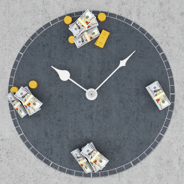 Time is Money Concept Clock Face with US Dollars and Gold Ingots. 3D Render
