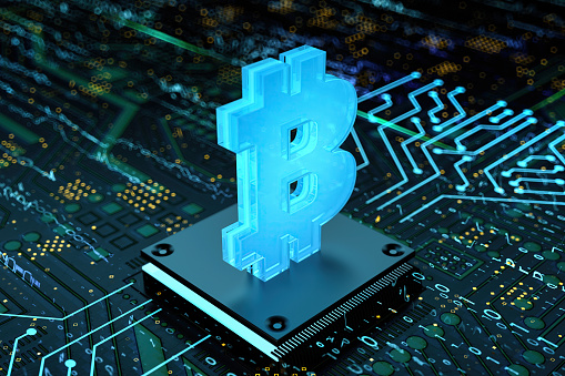 Blue Glowing Cryptocurrency Bitcoin Sign on a Motherboard with Circuitboard. 3D Render