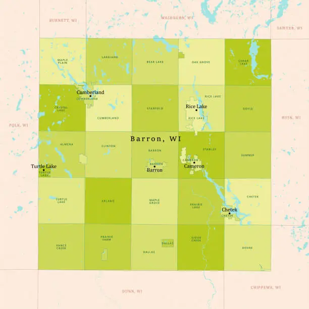 Vector illustration of WI Barron County Vector Map Green