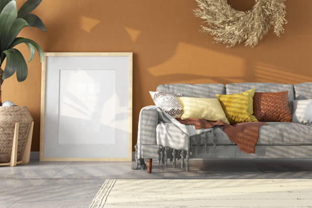 istock Empty Mockup Picture Frame in a Cozy Beige Room with a Sofa 2085732567