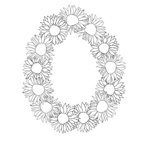 Vector illustration of Sunflower Easter egg frame background, hand drawn floral elements for spring holiday. Black and white line art compositions for coloring page. Vector illustrations for card or invitations