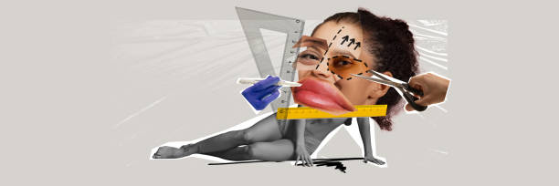 istock Facial liftin effect with plastic surgery treatment, lips augmentation injections. Contemporary art collage. 2085738897