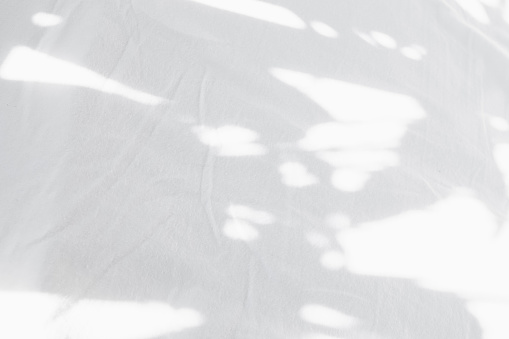Shadow leaves overlay on white cotton bed sheet,Natural sunlight shining through window on abstract white fabric texture background. Cloth soft wave bedding on cozy bed in summer