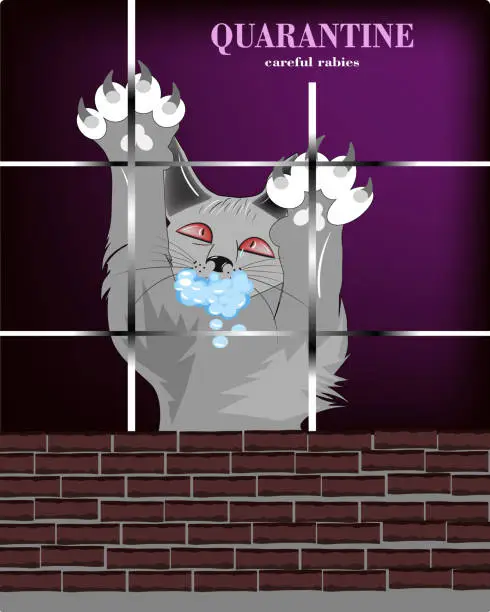 Vector illustration of sick cat behind bars with foam on his lips