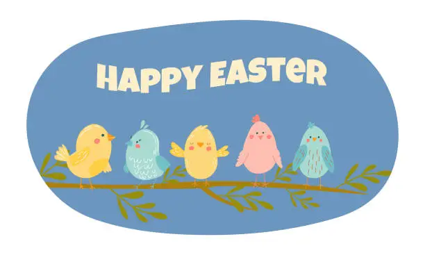 Vector illustration of Happy Easter. Cute birds on branch.