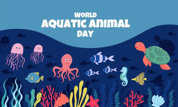 Vector illustration of World aquatic animal day. Save our ocean. Sea turtle and fish were swimming underwater