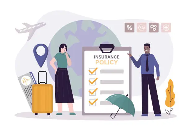 Vector illustration of Traveler insurance concept. Agent or salesman give full cover travel insurance. Safety travel, woman tourist with passport, tickets and suitcase.