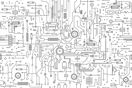 Seamless pattern of circuit board. Illustration in the outline, flat style. Technology background. Artificial intelligence concept.