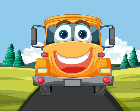 Cheerful animated bus driving through a scenic route