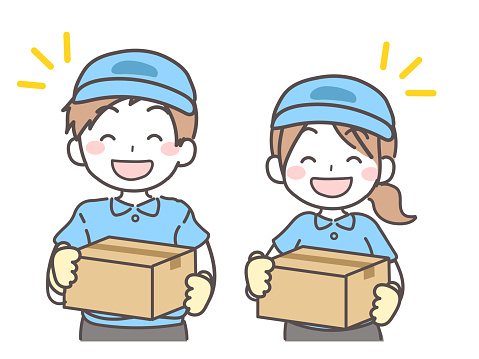 Illustration of a male and female delivery agent holding a cardboard box