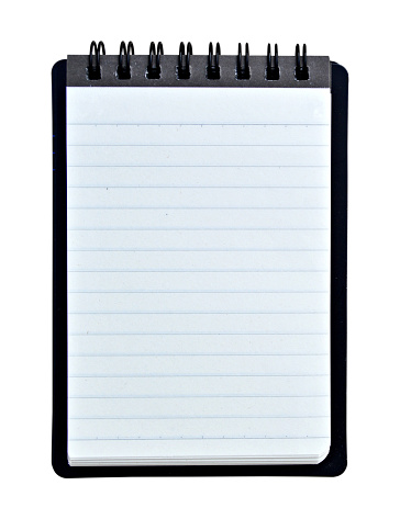 Cutout of vertical Photograph of one blank single line, lined or striped page of a spiral black notebook isolated over white coloured transparent background. The punch holes of the note pad have black spiral wire passing through them.