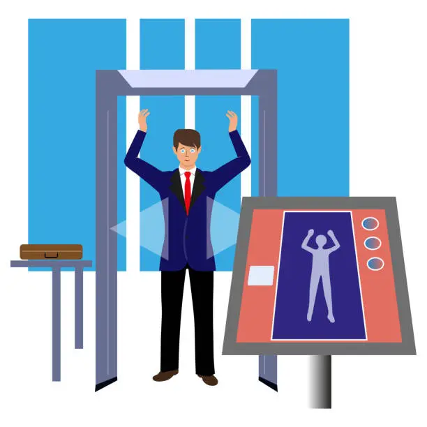 Vector illustration of a man stands under a metal detector