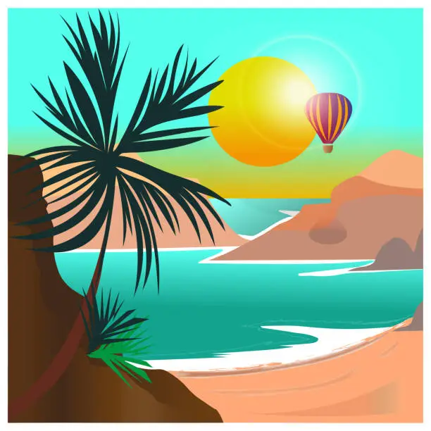 Vector illustration of hot air balloon trip over the sea