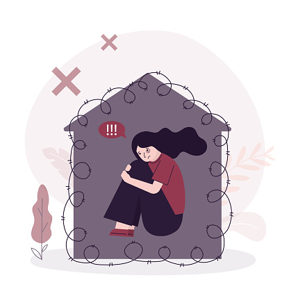 Crying young girl sitting in house building tied with barbed wire. Domestic violence, bullying. Emotional pressure, mental disorder, psychotherapy concept, and depression. flat vector illustration