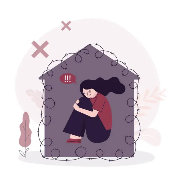 Vector illustration of Crying young girl sitting in house building tied with barbed wire. Domestic violence, bullying. Emotional pressure, mental disorder, psychotherapy concept, and depression.