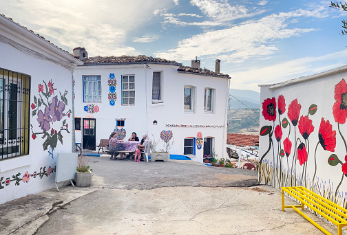 An alley with white houses painted decorative flowers in Babadağ which is a municipality and district of Denizli Province in western Turkey. It was known in antiquity as Salbacos. Local women sitting in front of their houses.