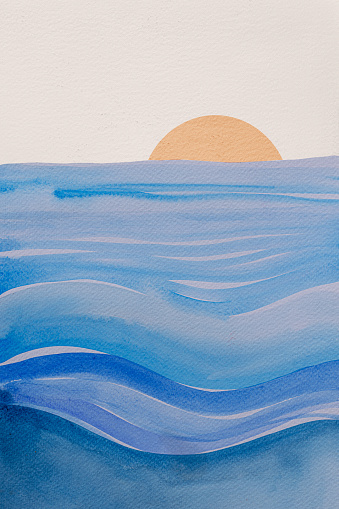 Watercolor painting of calm sea and sun setting in the horizon