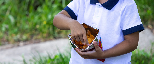 a child eats chips from a pack on the background of nature