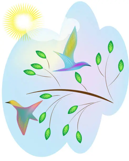 Vector illustration of two birds fly over a branch of green leaves