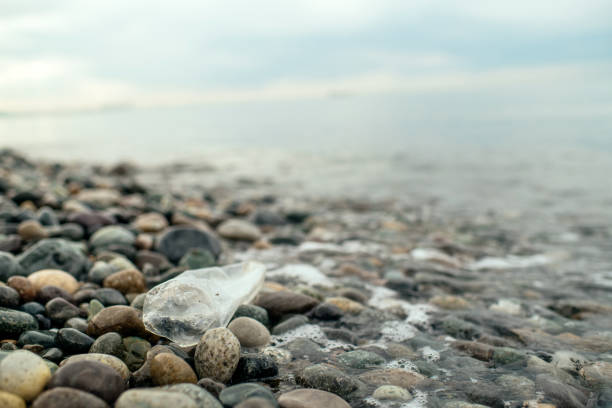 Plastic garbage on a sea shore. Plastic pollution and global ocean ecological and environment problems concept.
