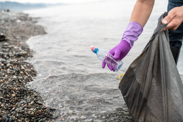 istock Man picking up plastic garbage on a beach. Plastic pollution and global ocean ecological and environment problems concept. 2085775067