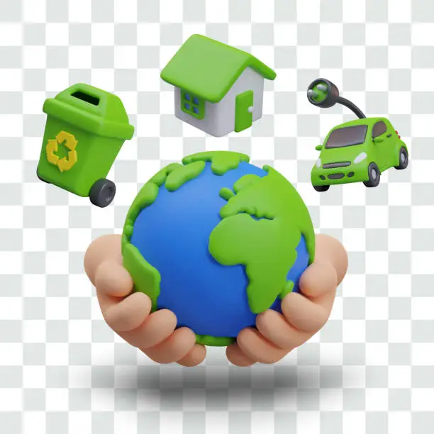 Vector illustration of 3D Earth in human hands, garbage container, house with green roof, electric car with plug