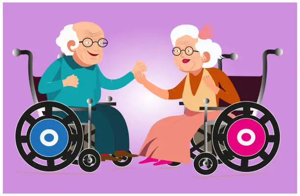 Vector illustration of Two cheerful old people are sitting in chairs for movement