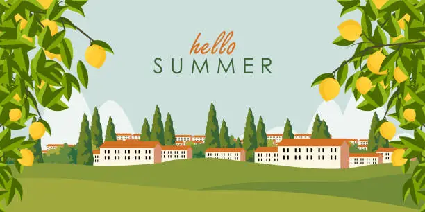 Vector illustration of Brochure hello summer, summer in the city, horizontal banner