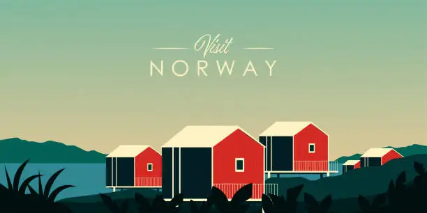 Vector illustration of Visit Norway, horizontal banner, postcard