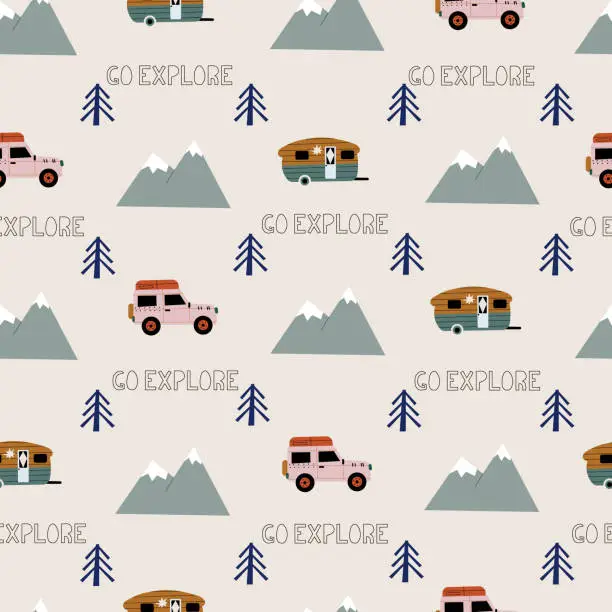 Vector illustration of Hand drawn camping elements seamless pattern. Camping background.
