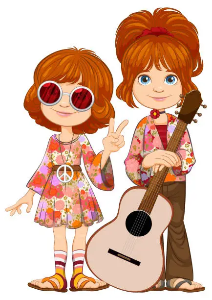 Vector illustration of Cartoon children in retro outfits with musical theme.