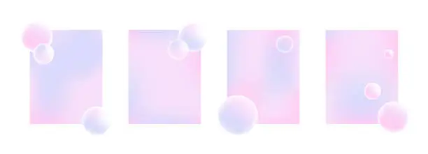 Vector illustration of Set of Gradient Soft Backgrounds, Posters with Bubbles. Cute Social Network Covers with Abstract Spherical Balls. Pastel Backgrounds in Pink and Purple Shades. Holographic Vertical Banners