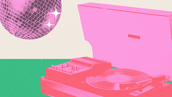 Dual-tone image of disco ball and turntable, with a retro vibe. Poster design for disco and 70s themed dance party. Concept of music, festival, creativity, retro and vintage. Creative design