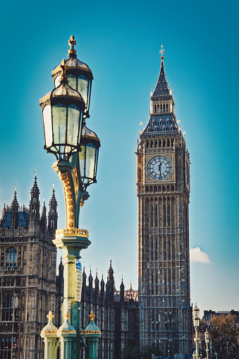 Big Ben tower and Westminster street lamp, London, UK
