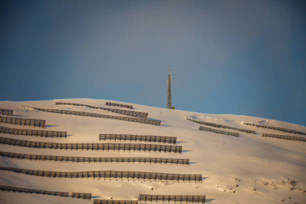 Foggy sunrise at Mouth Hotham ski lifts in winter