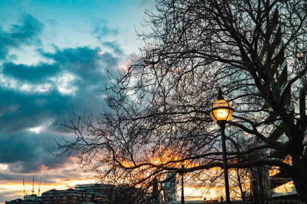 Old vintage lantern lamp post on the sunset sky background