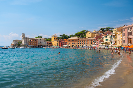 The beautiful beach of Sestri Levante with its colorful houses typical of Liguria region
