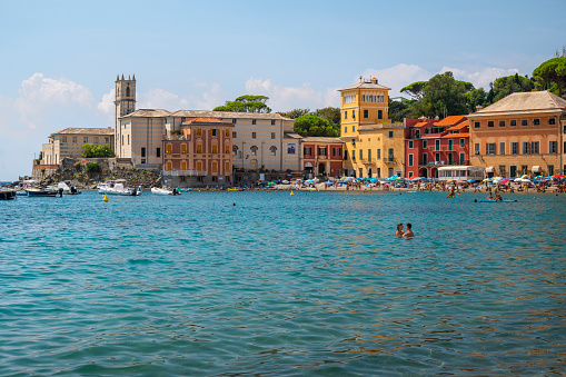 The beautiful beach of Sestri Levante with its colorful houses typical of Liguria region