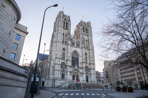The western facade of St Michael and St Gudula Cathedral, Brussels in springtime