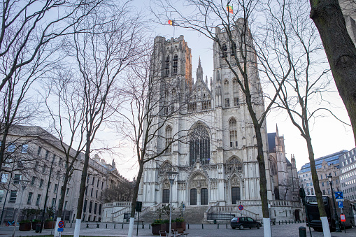 The western facade of St Michael and St Gudula Cathedral, Brussels in springtime