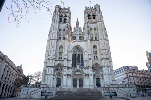 The western facade and central portal of St Michael and St Gudula Cathedral, Brussels in springtime