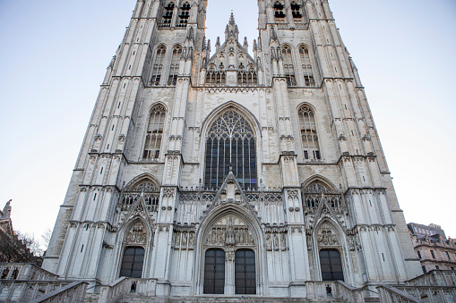 The western facade and central portal of St Michael and St Gudula Cathedral, Brussels in springtime