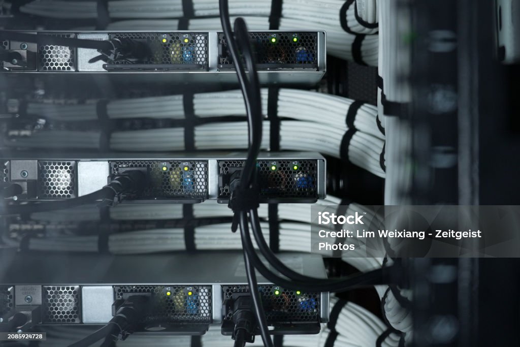 Behind Computer Backing With Rows Back Of A Computer Server Stock Photo - Download Image Now - Business ...